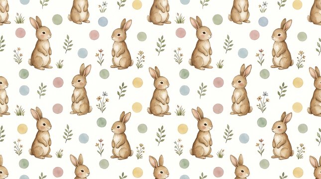 Cute brown rabbits seamless pattern with small flowers and dots for spring fabric design or kids room decoration