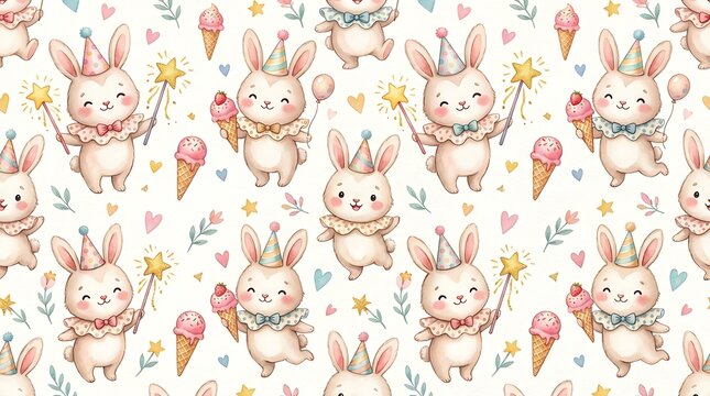 Seamless pattern with cute cartoon bunny rabbits wearing party hats holding ice cream and magic wands for kids decor