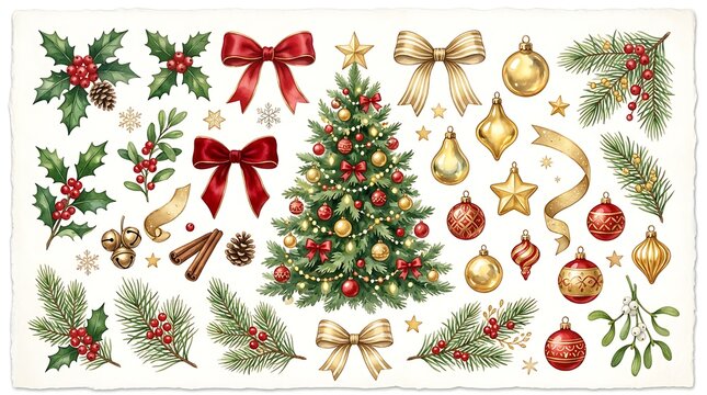 Set of watercolor Christmas tree decorations holly branches red ribbons and festive ornaments for holiday design