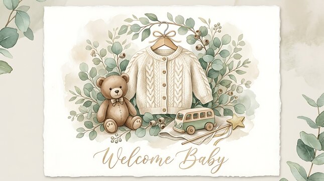 Welcome baby greeting card with a cute teddy bear a knitted sweater a toy bus and decorative green eucalyptus leaves