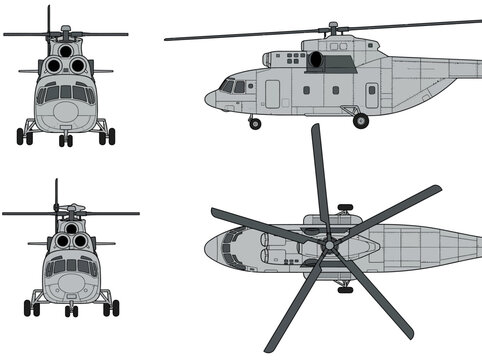 Military Heavy-Lift Transport Helicopter Orthographic View Illustration