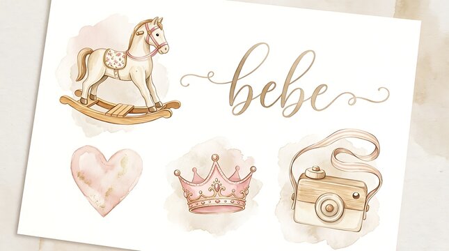 Cute hand drawn baby illustration set with rocking horse crown camera heart and calligraphy word for nursery decor