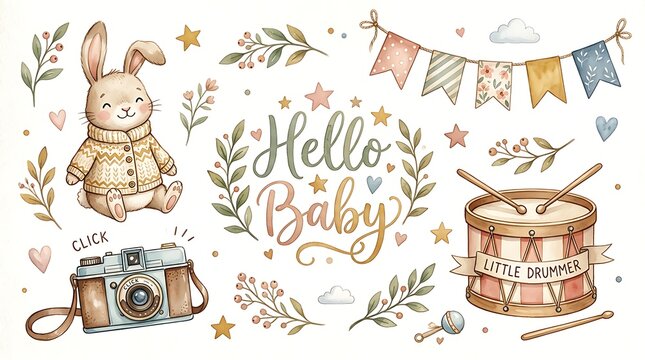 Cute hand drawn baby shower elements with a bunny rabbit drum vintage camera and hello baby lettering illustration