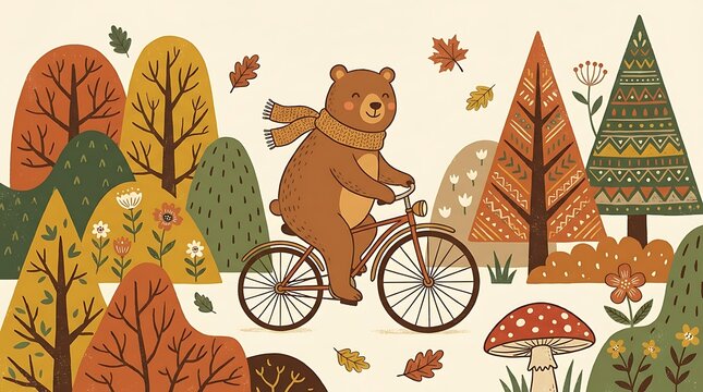 Cute brown bear wearing a scarf riding a bicycle in a colorful autumn forest with trees and falling leaves illustration