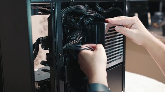 Organizing internal power cables inside computer case, careful routing and arranging of cables behind the case panel during assembly and final cable management of a personal computer