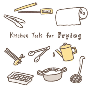 Illustration of a set of kitchen tools for making fried foods