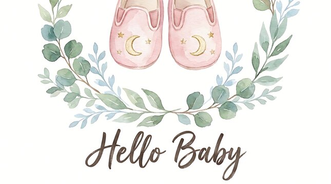Cute baby shoes with a moon design inside a pretty green leaf wreath for a newborn arrival announcement card design