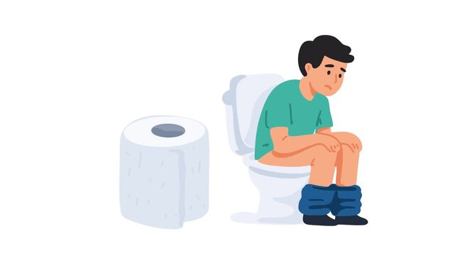 animation of man sitting on toilet with constipation
