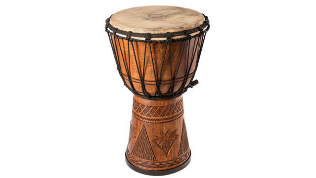 Traditional African wooden djembe hand drum instrument isolated on transparent background