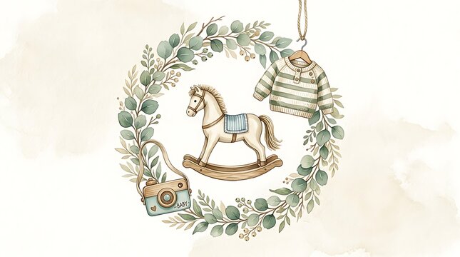 Cute hand drawn illustration of a wooden rocking horse baby sweater and a small camera inside a floral leaf wreath
