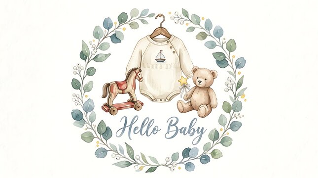 Cute baby clothes with a rocking horse and teddy bear inside a decorative floral wreath with Hello Baby text sign