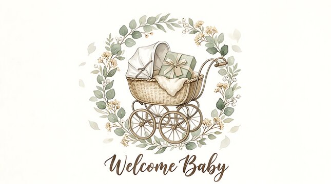 Welcome baby vintage style illustration with a green baby carriage inside a floral wreath for a newborn celebration