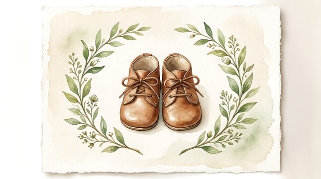 Cute pair of brown leather baby shoes surrounded by a beautiful green watercolor leaf wreath for a birth announcement
