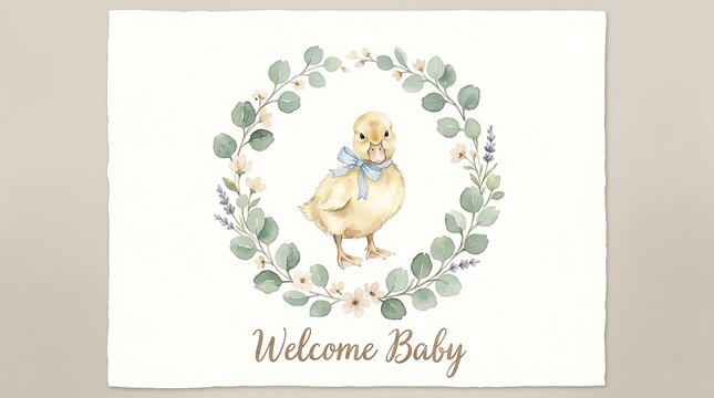 Cute yellow baby duckling inside a floral botanical wreath with the text Welcome Baby for a nursery greeting card