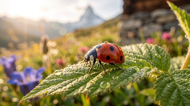 Horizontal banner with ladybug on a green leaf. Beautiful nature background. Soft focus - Image