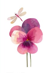 Obraz premium Pansy flower illustration dragonfly watercolor.