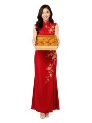 Fototapeta premium Beautiful Asian woman in traditional cheongsam dress holding gift box.