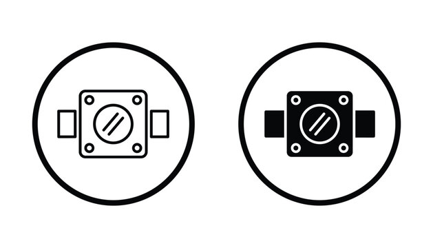 Industrial mechanical valve component icon set for engineering and manufacturing schematics depicting circular hardware flow control elements in simple vector design for technical projects