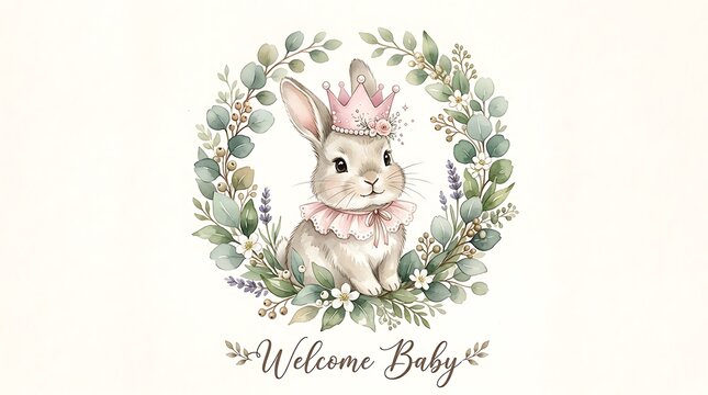 Cute baby bunny rabbit wearing a pink crown in a floral wreath for a welcome baby shower greeting card design