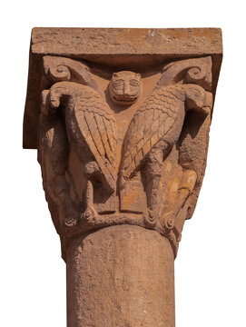 Elements of architectural decorations of buildings, columns and tops, gypsum molding, wall texture and stucco patterns. On the streets in Barcelona, public places.