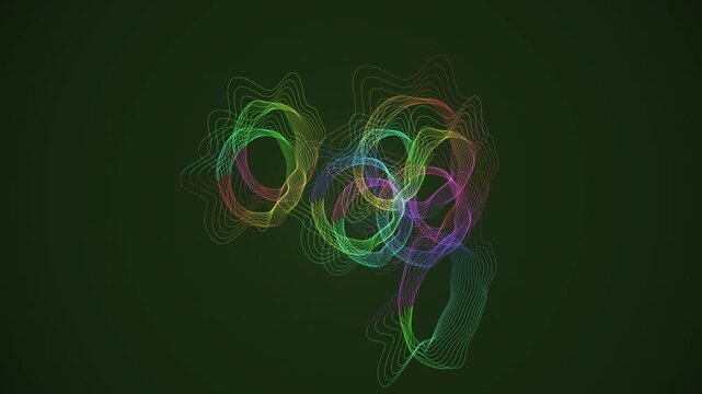 Seamless 4K loop of a glowing iris mobius strip morphing through an abstract topology field in rich volumetric light. Ideal for projection mapping, science background. 4K UHD.