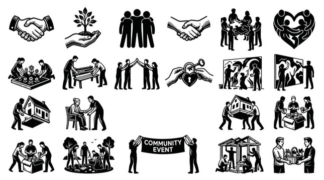 Community Charity Volunteering Icons Set in Black  White Line Art Style - Social Support  Teamwork Glyphs