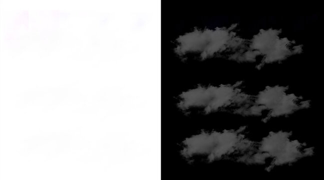 Atmospheric grey clouds set on black background, realistic smoke texture collection, 6 fluffy cloud elements for digital compositing and design
