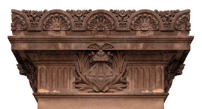 Elements of architectural decorations of buildings, columns, pommel and arches, plaster moldings, plaster patterns. On the streets in Spanish, public places. 