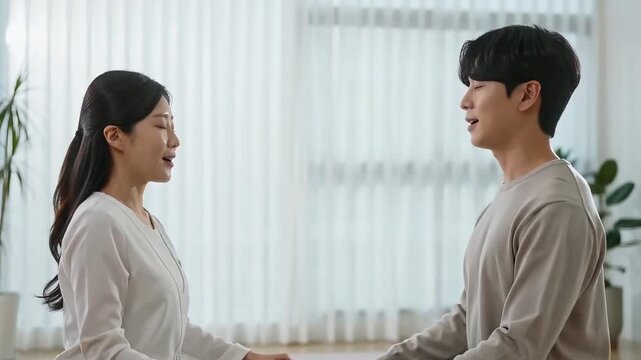 Peaceful Young Asian Couple Meditating Together and Smiling at Each Other in a Bright Minimalist Living Room with Soft Natural Light