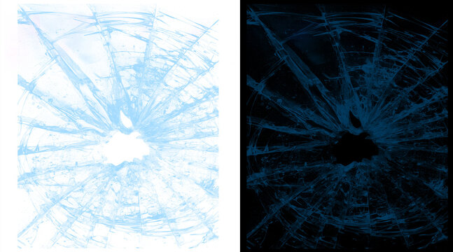 Shattered glass texture with radial cracks, broken window screen effect on white and black background, damaged glass surface overlay for design