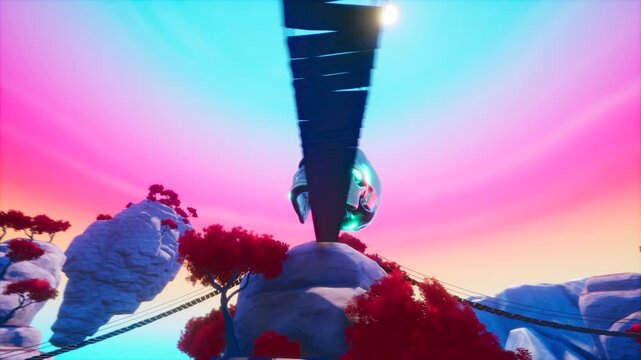 3D Metallic Chrome Skull Floating Over Fantasy Cliff and Islands