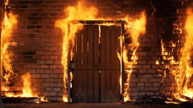 Burning Wooden Door and Brick Wall Inferno