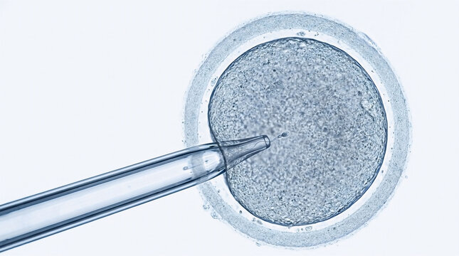 In vitro fertilization process with micro pipette injecting human sperm,Microscopic view of single sperm injection into human egg cell,Extreme close up of icsi procedure for treating human infertility