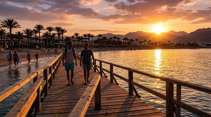 Fototapeta premium Couple walking on wooden pier at golden sunset beach, palm trees, mountains
