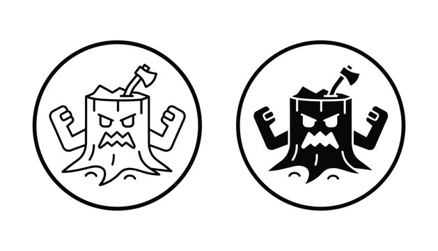 Angry tree stump monster character icon set with axe in head for horror game or forest destruction concept in bold black and white vector art isolated on white background
