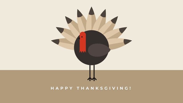 Minimalist Thanksgiving turkey vector illustration with pencil feathers and Happy Thanksgiving greeting text