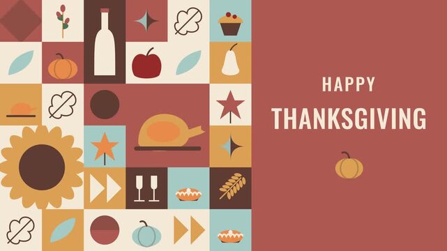 Happy Thanksgiving greeting card template with autumn themed geometric icon patterns