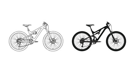 Fototapeta premium Mountain Bike Silhouette With Detailed Components Black And White Silhouette