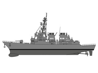 Fototapeta premium Modern Grey Naval Destroyer Warship Illustration Isolated on White