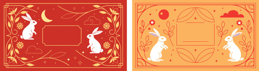 Midautumn festival greeting card design with white rabbits, flowers, moon and clouds, traditional chinese style vector illustration set © Faija