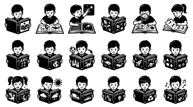 Black and White Line Art Kids Reading Books Vector Icon Set, Education and Learning Glyphs