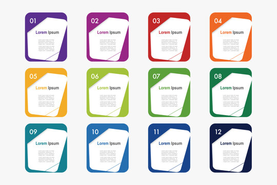 infographic elements template, business concept with 12 steps, multi color rectangle shapes design with  label for workflow layout, diagram, annual report, vector