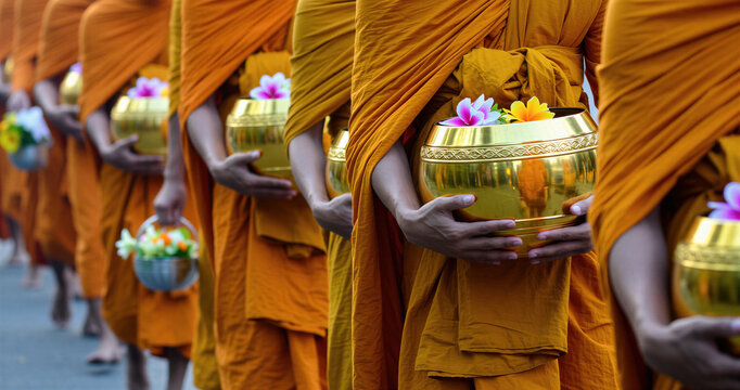 Buddhist monks in orange robes walk in procession holding golden alms bowls. They receive offerings during a morning ritual. Monks collect food in Thailand.
