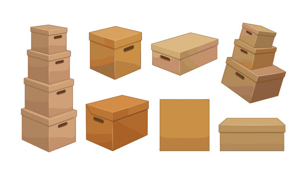 Cardboard box vector elements collection featuring brown moving and storage packages isolated on white background