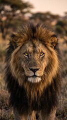 Majestic male lion resting on sunlit savanna with golden mane and piercing gaze © BABAY