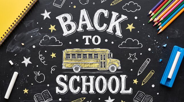 Back to school chalk lettering on blackboard with yellow bus and school supplies