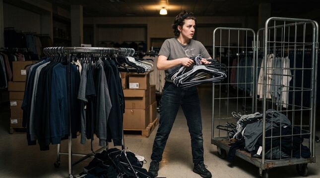 An exhausted woman holds a large bunch of empty hangers near clothing racks and cardboard boxes in a cluttered retail backroom. Retail challenges, inventory stress, disorganized workspace.