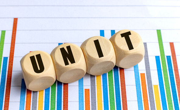 Unit concept with wooden letter cubes spelling unit on colorful financial charts background