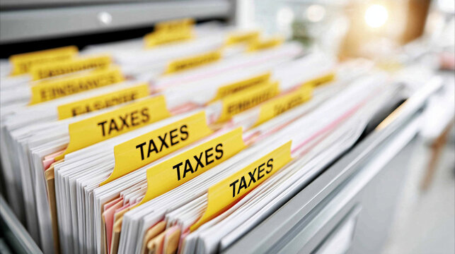 Organized Tax Files: A close-up view of a filing cabinet filled with neatly organized folders labeled TAXES, highlighting the importance of financial record-keeping.
