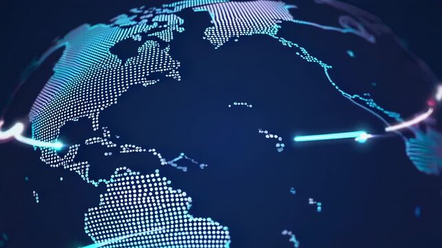Digital globe with illuminated data connections showcasing global network flow, highlighting continents and countries with dotted patterns and vibrant light trails in a dark background